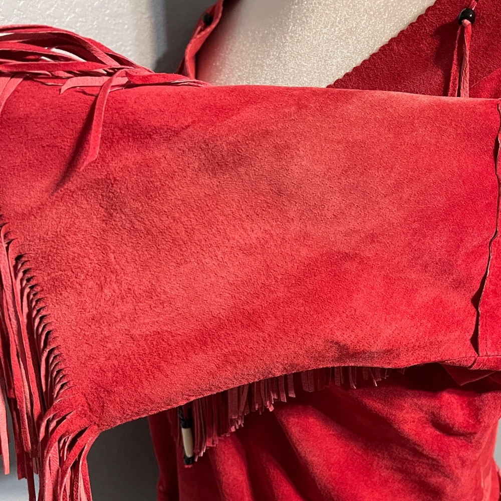 Ren Ellis Red Suede Fringe Western Top Beaded Cowgirl Southwestern Small - Flaws - Picture 8 of 11